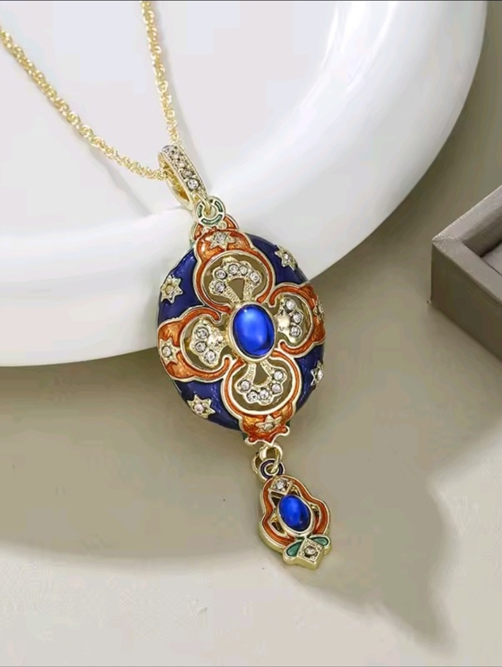 Vintage Gold-Tone Blue and Orange Enamel Pendant Necklace - Picture 6 of 7